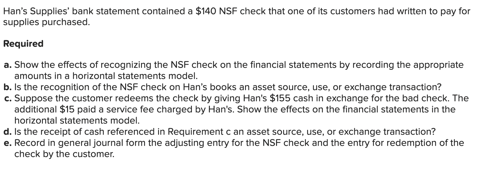 Han's Supplies' bank statement contained a \ ( \