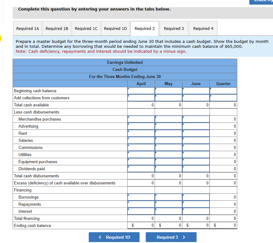 Required: Prepare a master budget for the three -
