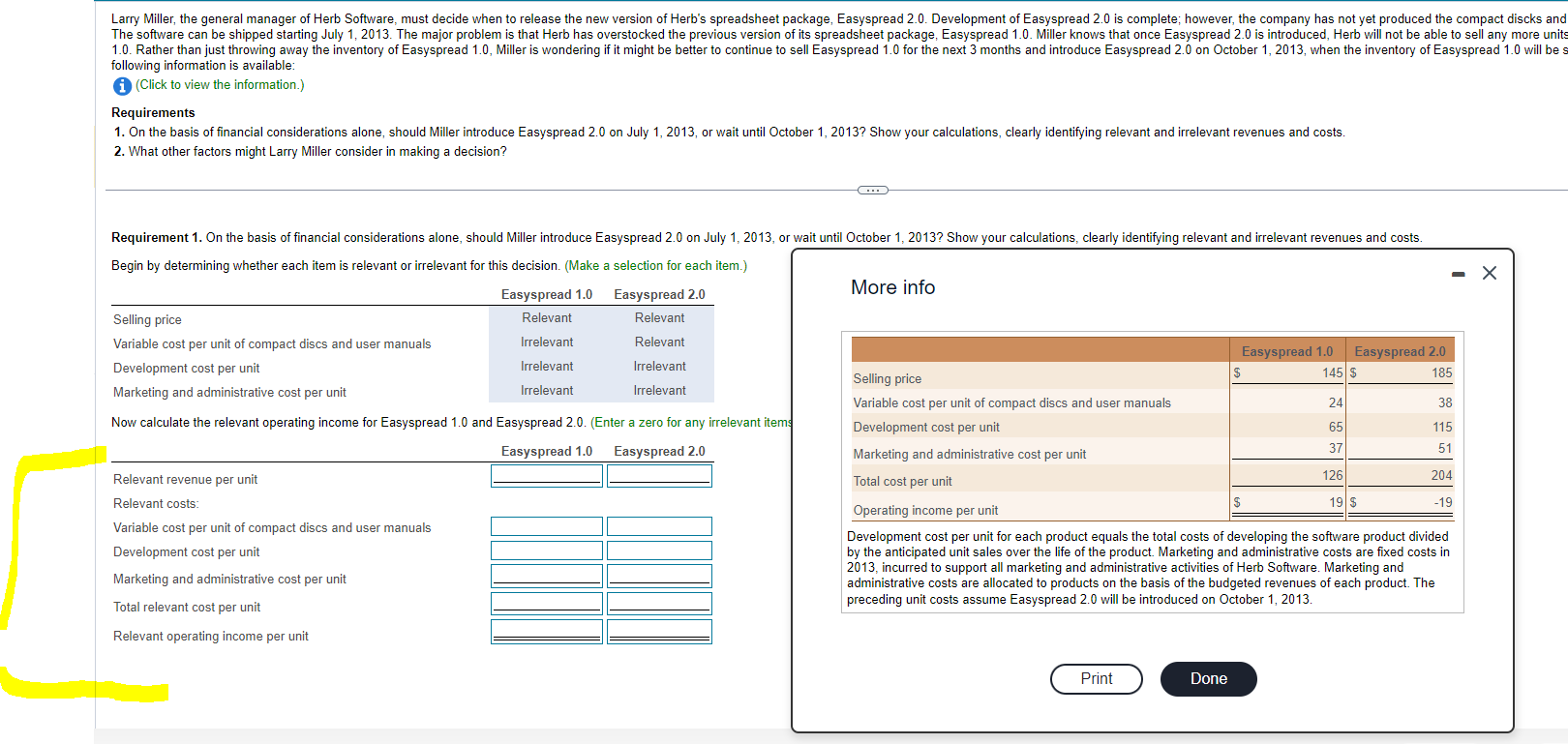 Please help solving relevant operating income for