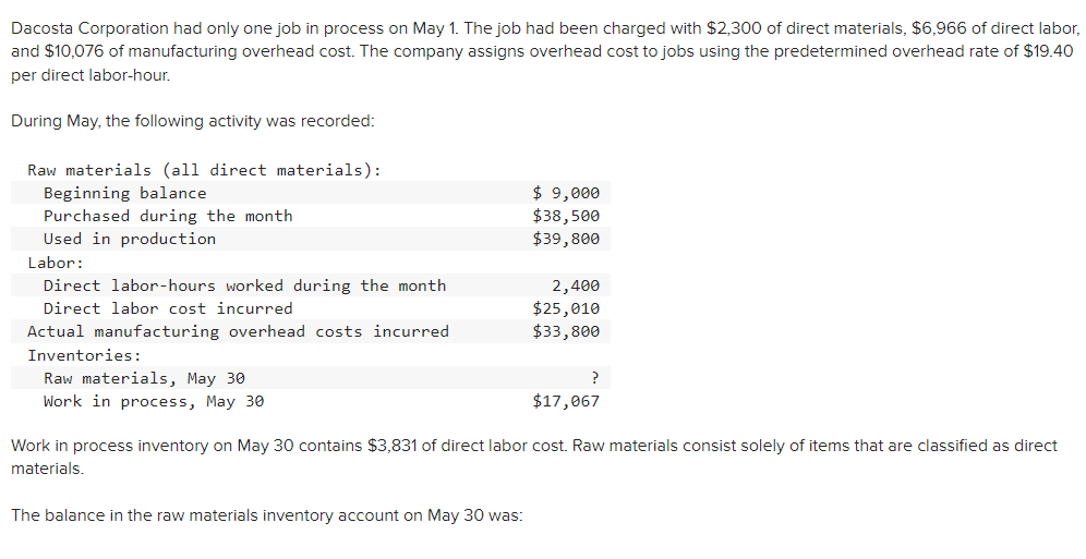 Dacosta Corporation had only onejob in process on