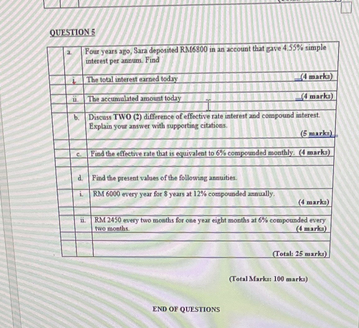 QUESTIONS Four years ago, Sara deposited RM6800