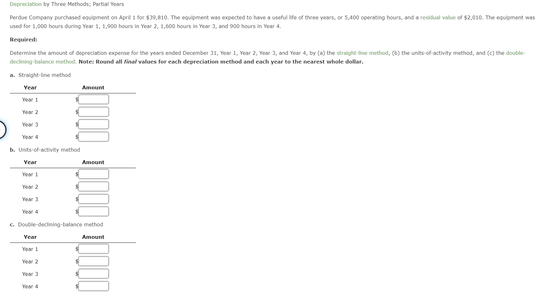 Depreciation by Three Methods; Partial Years