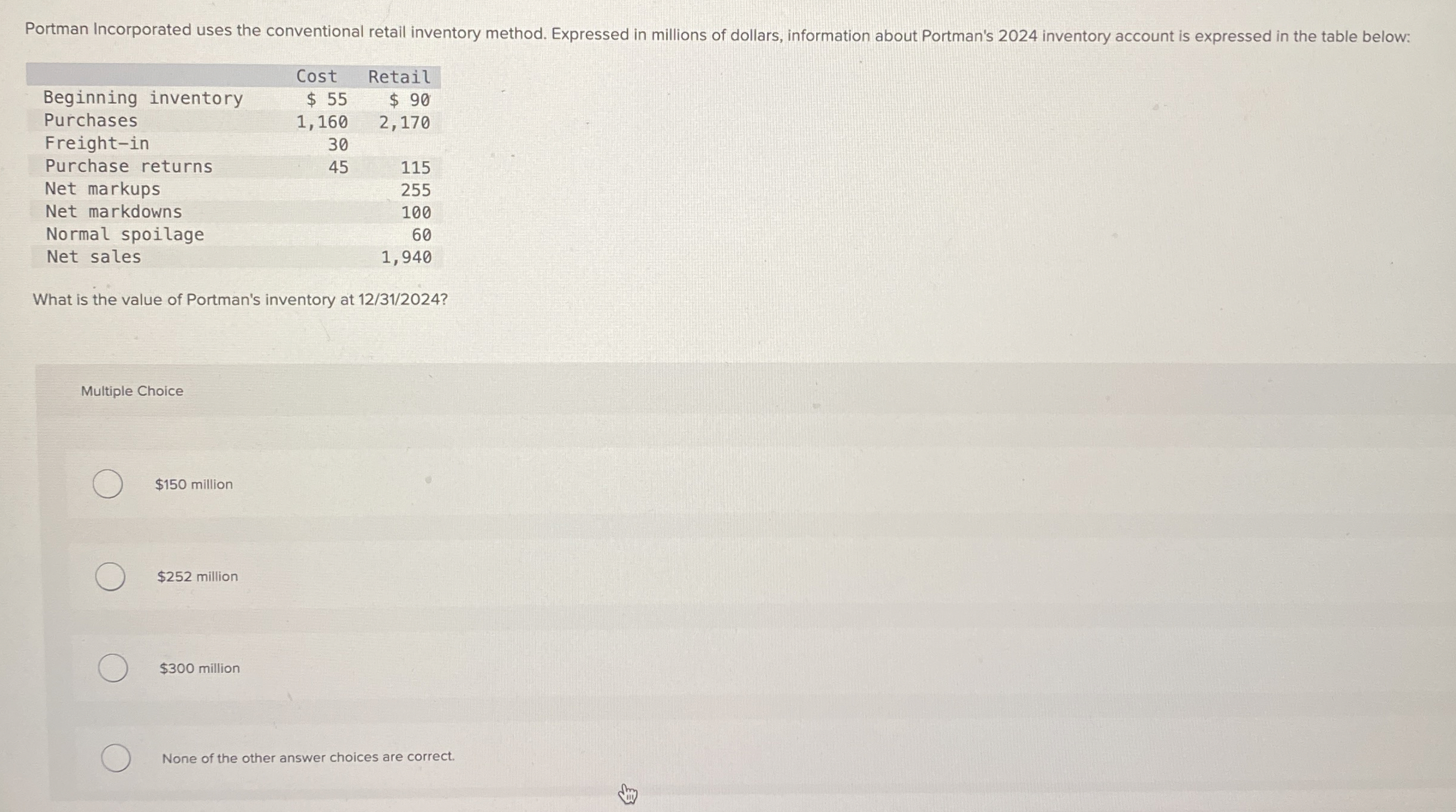 Portman Incorporated uses the conventional retail