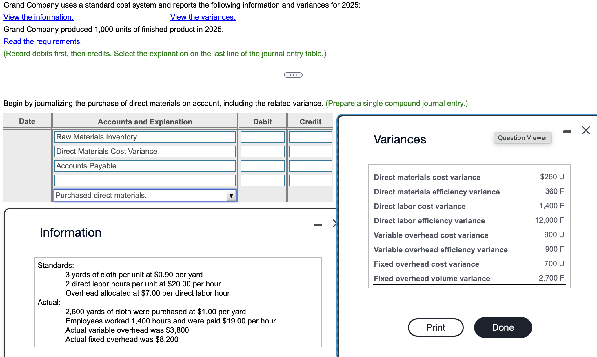 Grand Company uses a standard cost system and