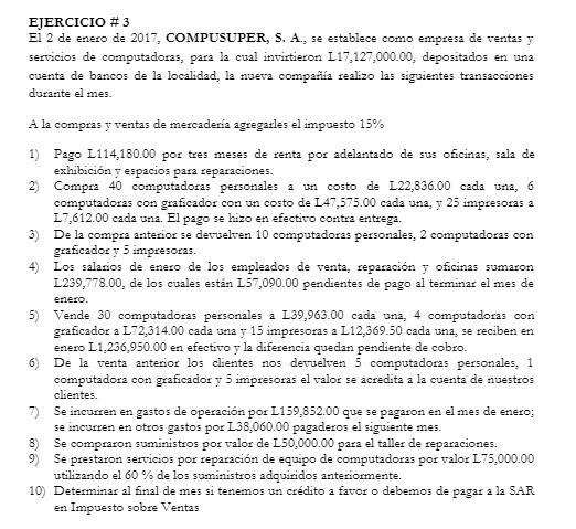EJERCICIO # 3 El 2 de enero de 2017, COMPUSUPER,