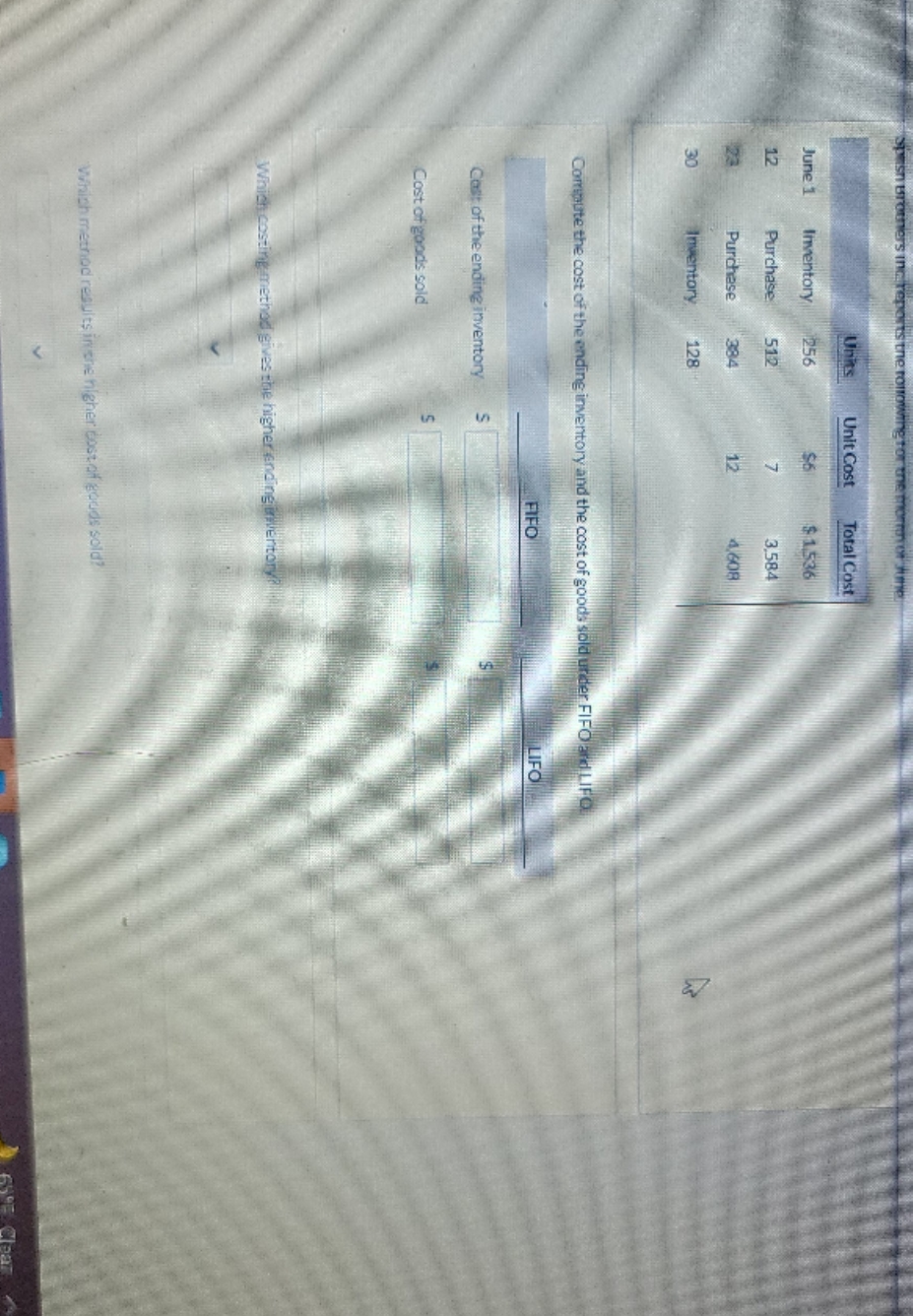 question below Units Unit Cost Total Cost June 1