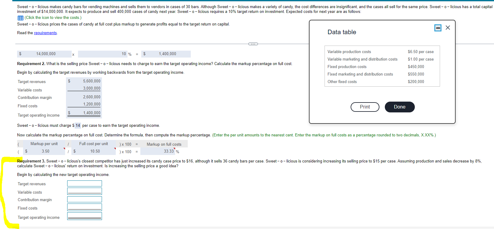 Please help solve requirement 3. Sweet - o -
