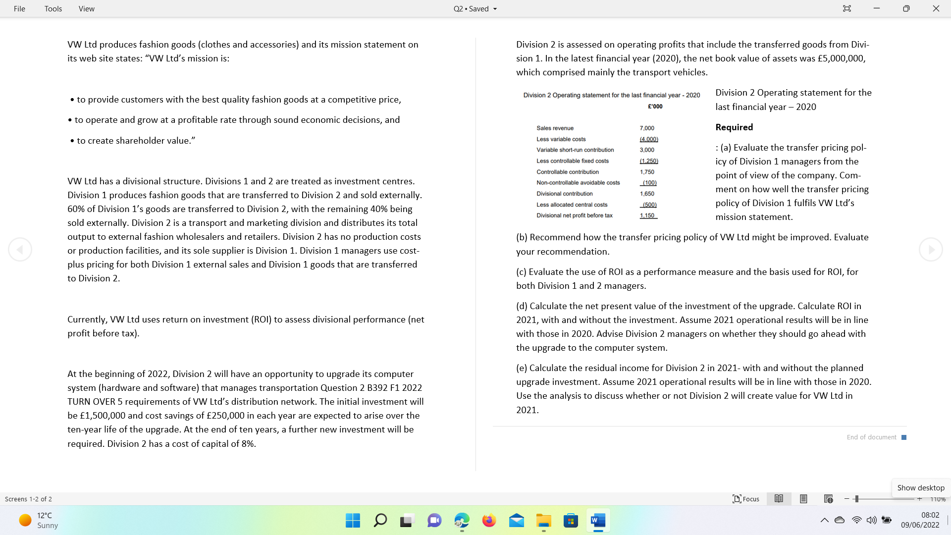 File Tools View Q2 . Saved - X VW Ltd produces