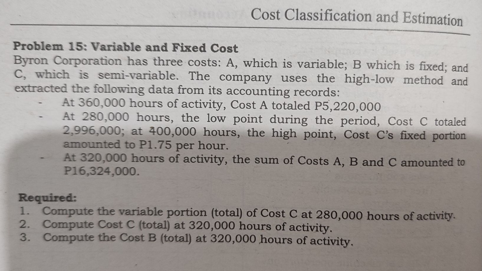 Cost Classification and Estimation Problem 15: