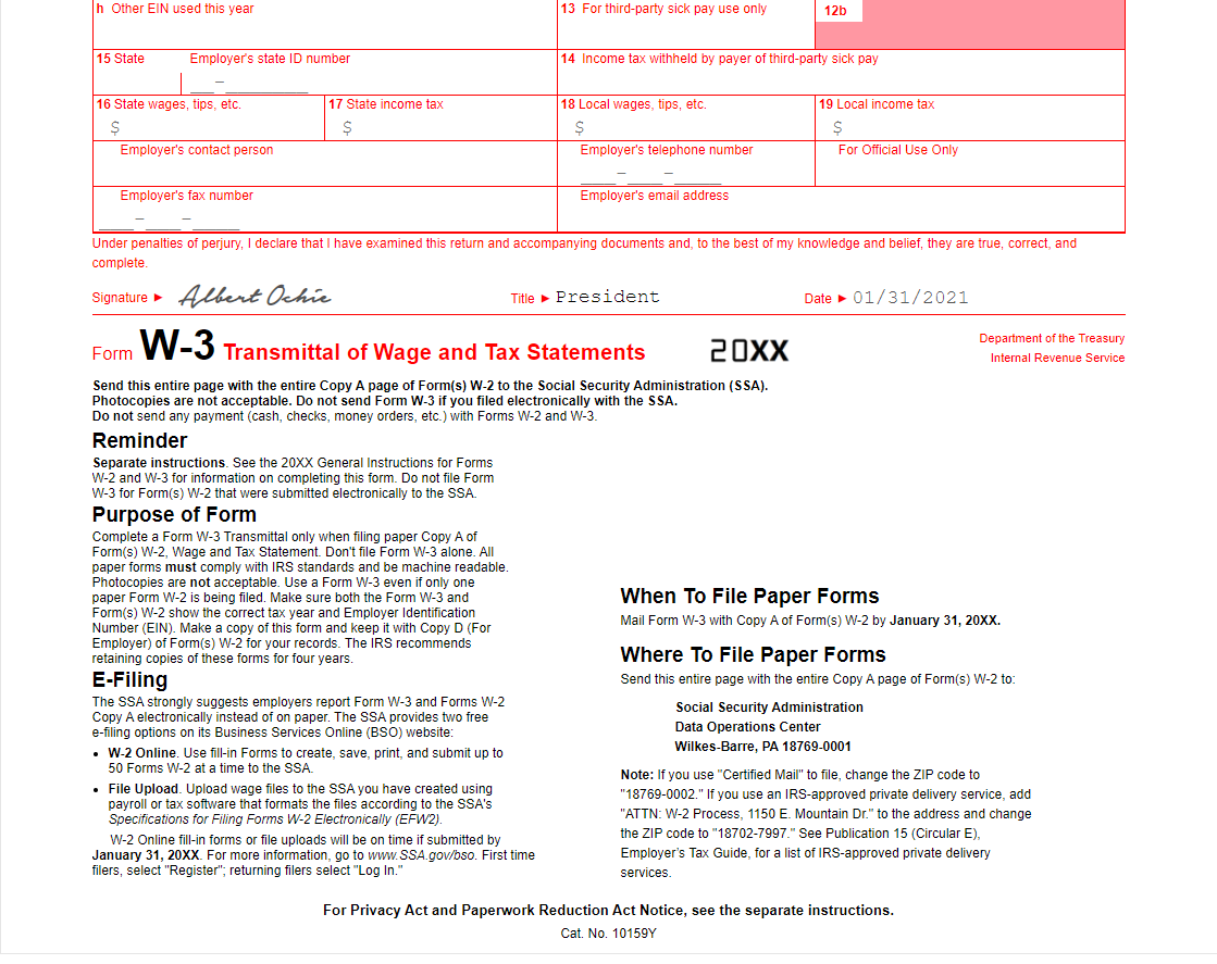 Please help me with completing this W-3 form for
