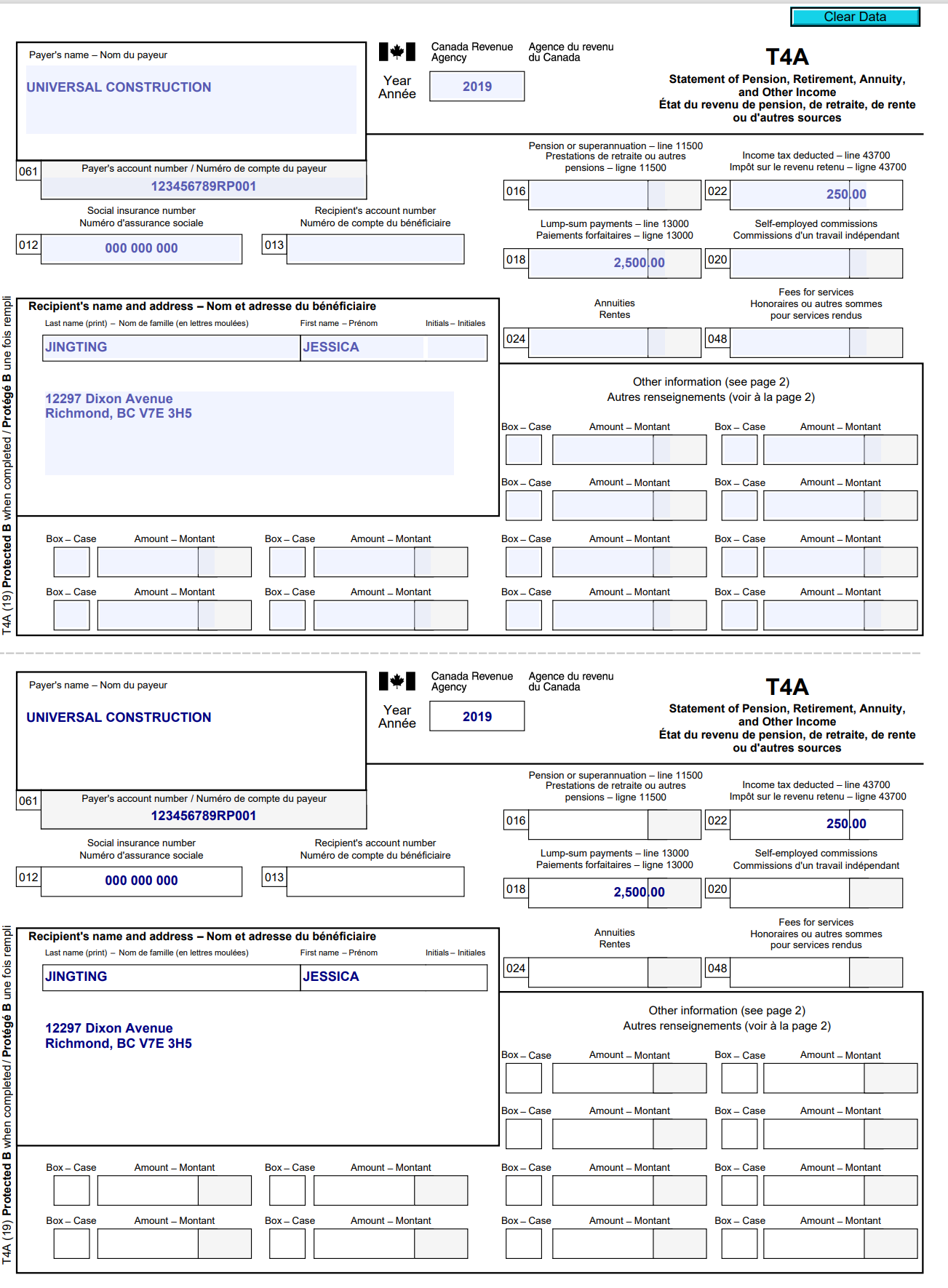 Clear Data Payer's name - Nom du payeur I+I