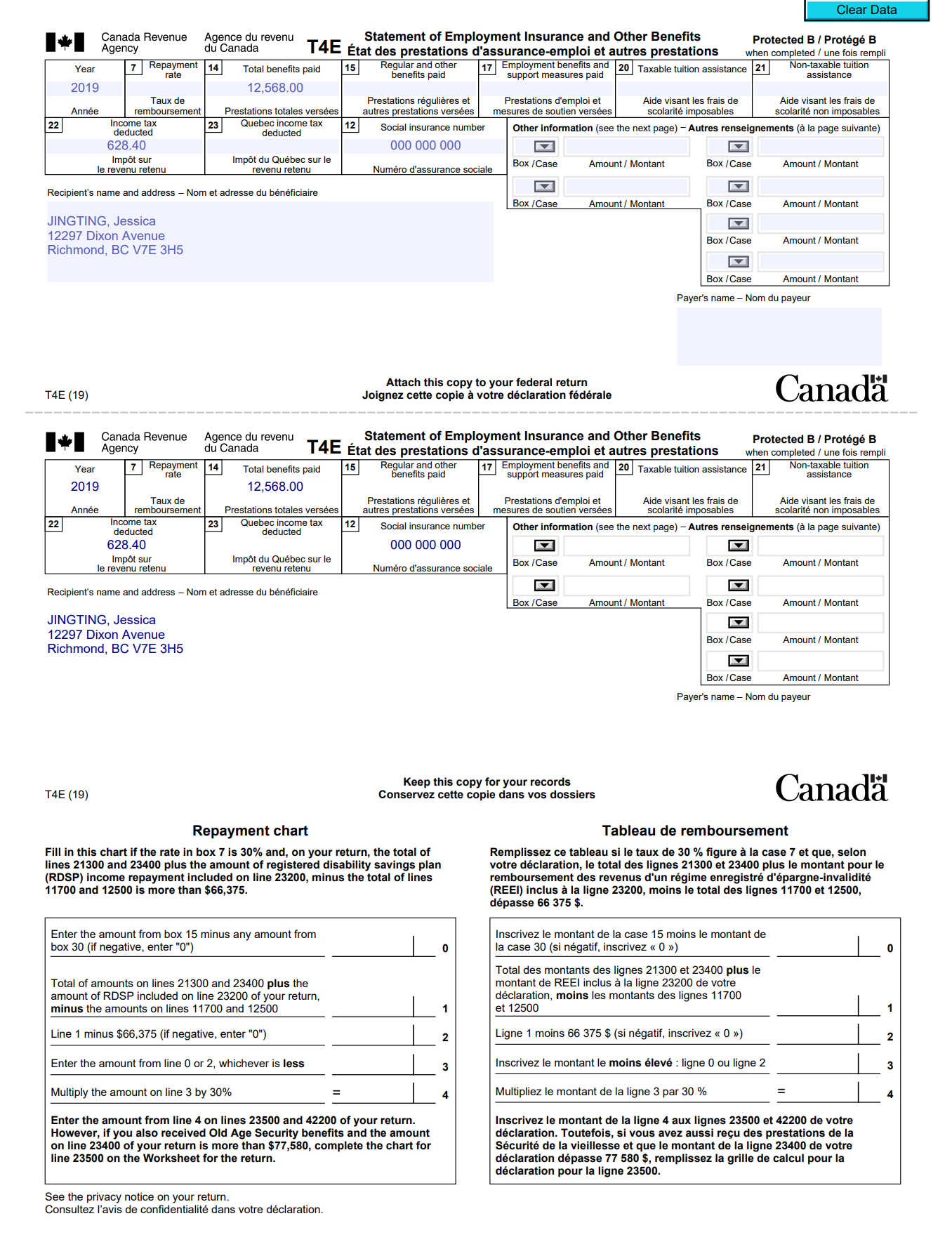 Clear Data Payer's name - Nom du payeur I+I