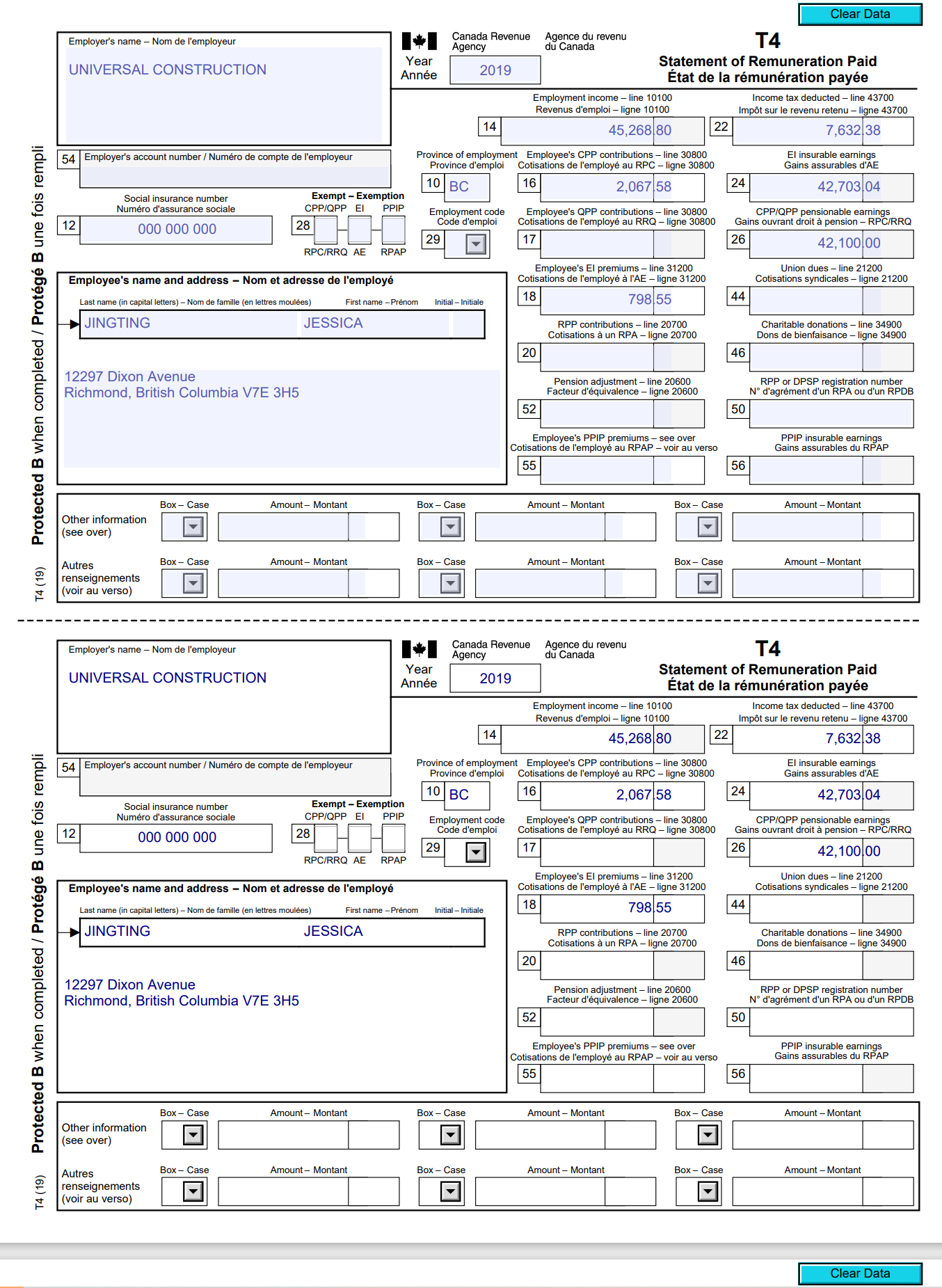 Clear Data Payer's name - Nom du payeur I+I