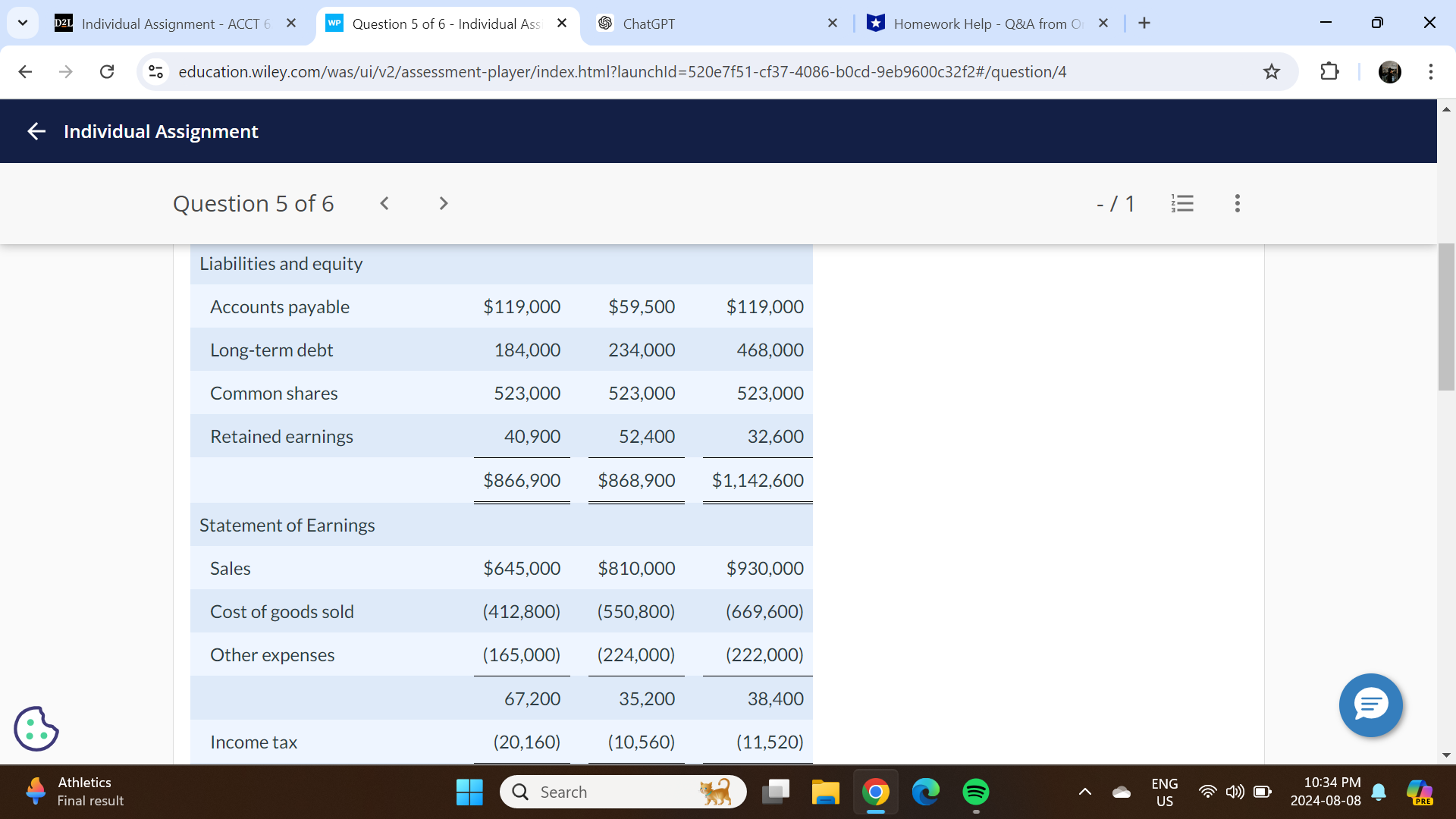 D2L Individual Assignment - ACCT 6 X WP Question