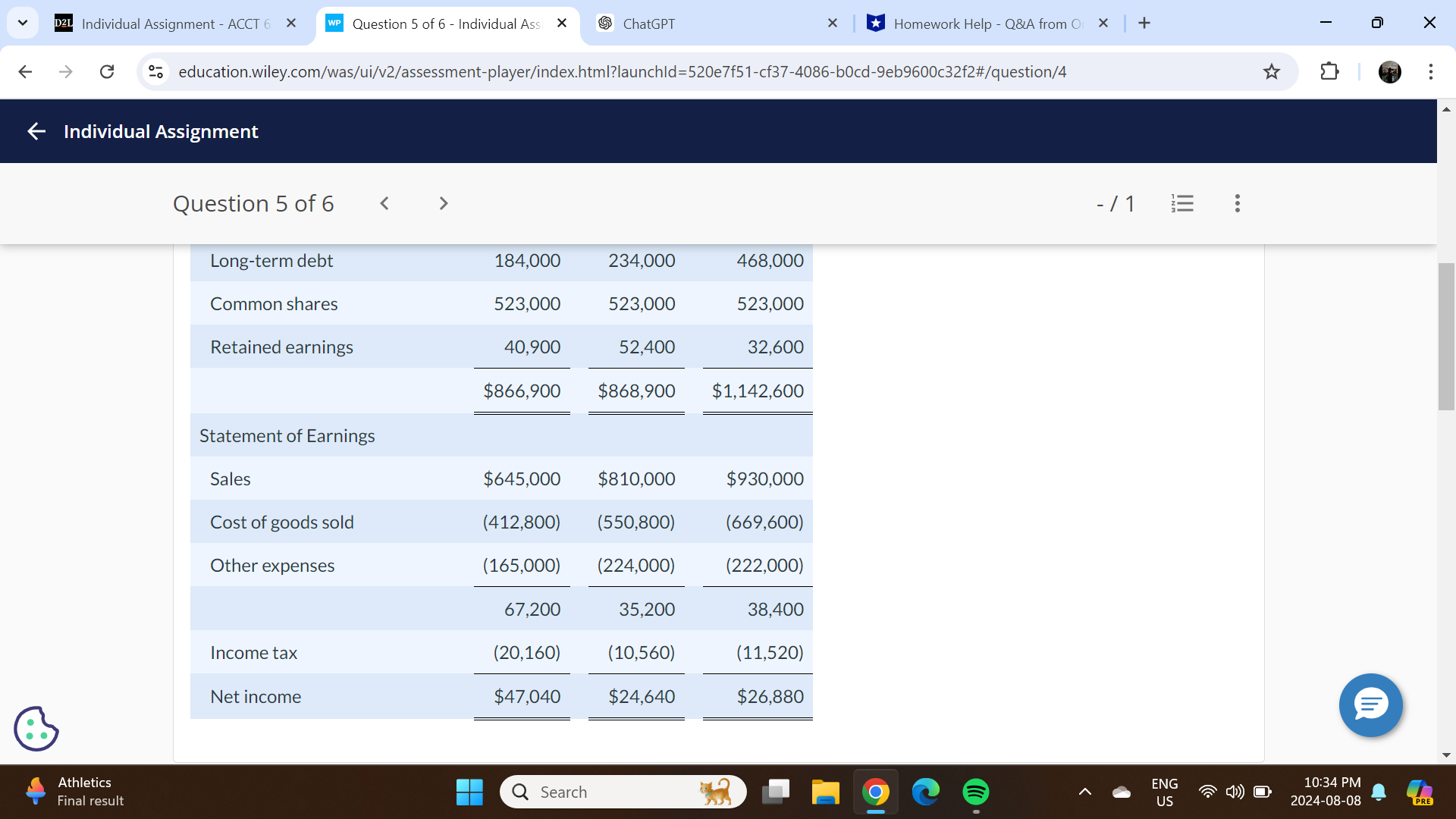 D2L Individual Assignment - ACCT 6 X WP Question