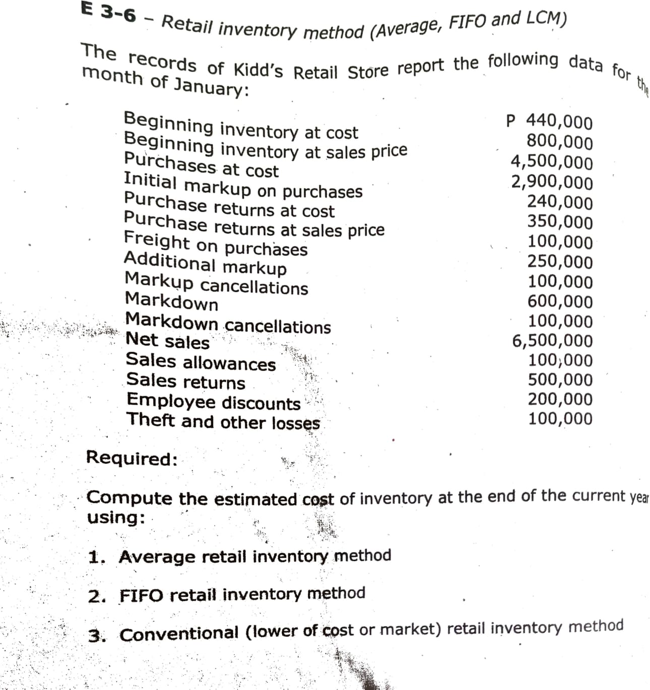 E 3-6 - Retail inventory method (Average, FIFO