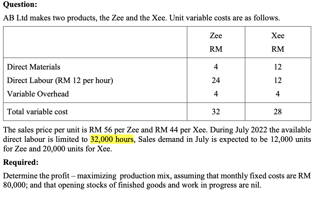 Question: AB Ltd makes two products, the Zee and