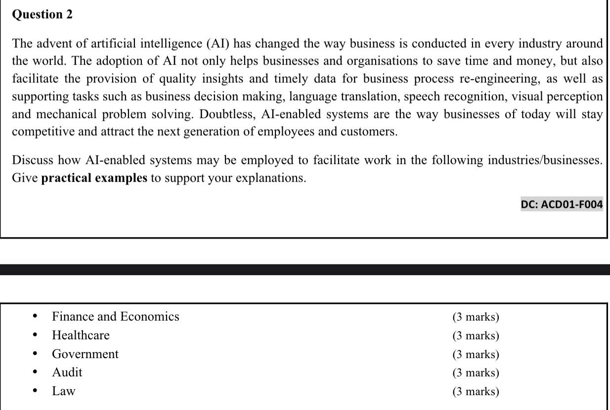 Question 2 The advent of articial intelligence
