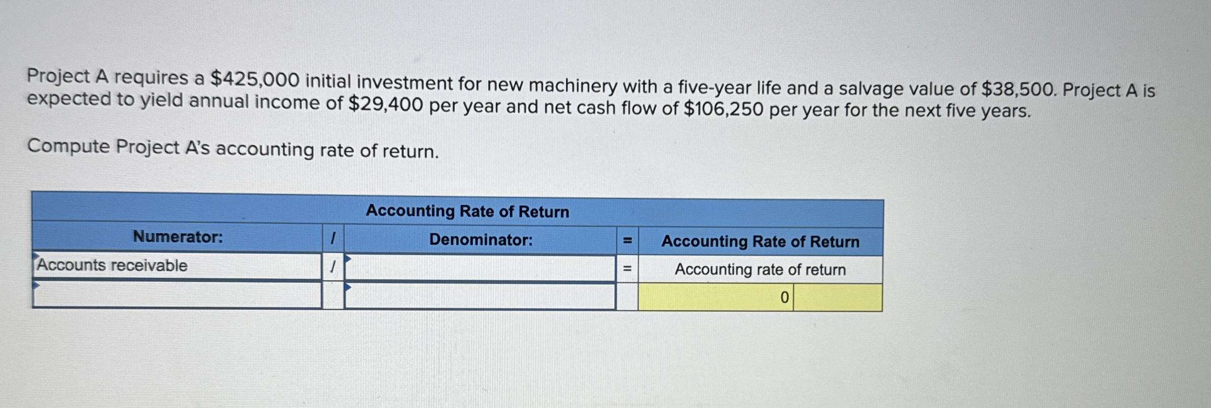 Project A requires a $ 4 2 5 , 0 0 0 initial
