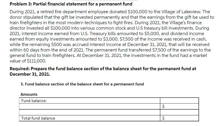 Problem 3: Partial nancial statement for a