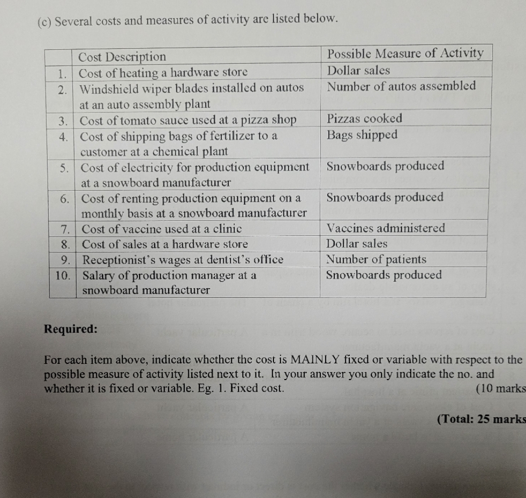 continues of questions 3 (c) Several costs and
