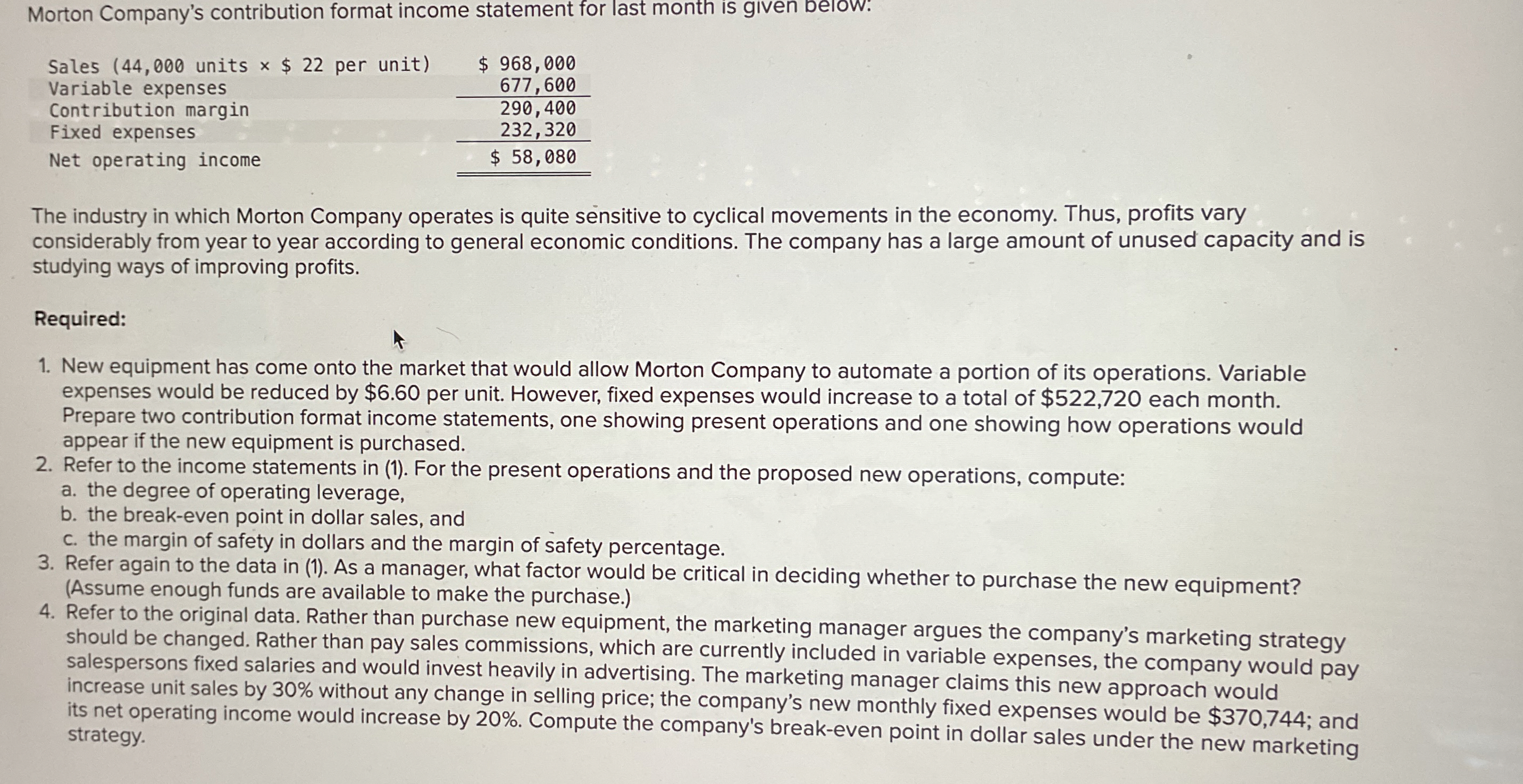 Morton Company's contribution format income