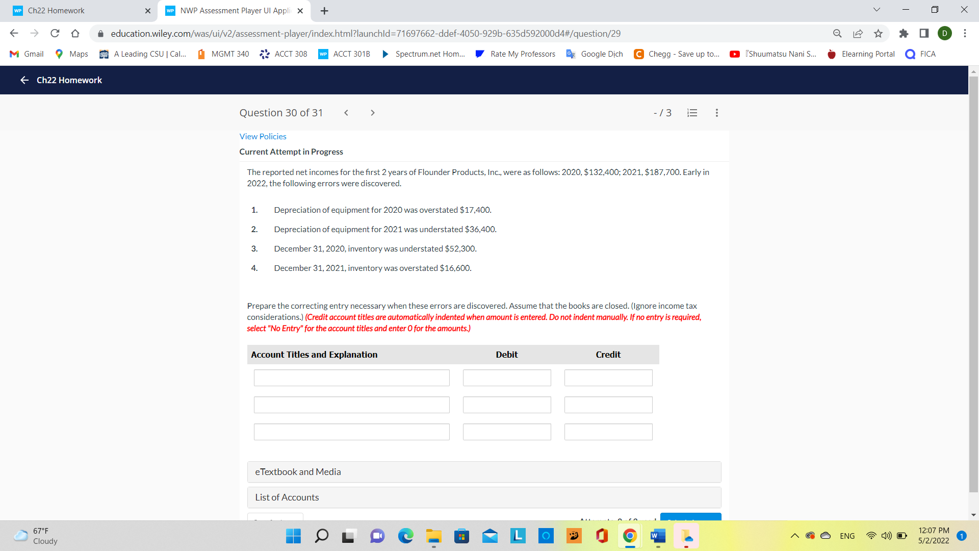 WP Ch22 Homework X WP NWP Assessment Player Ul