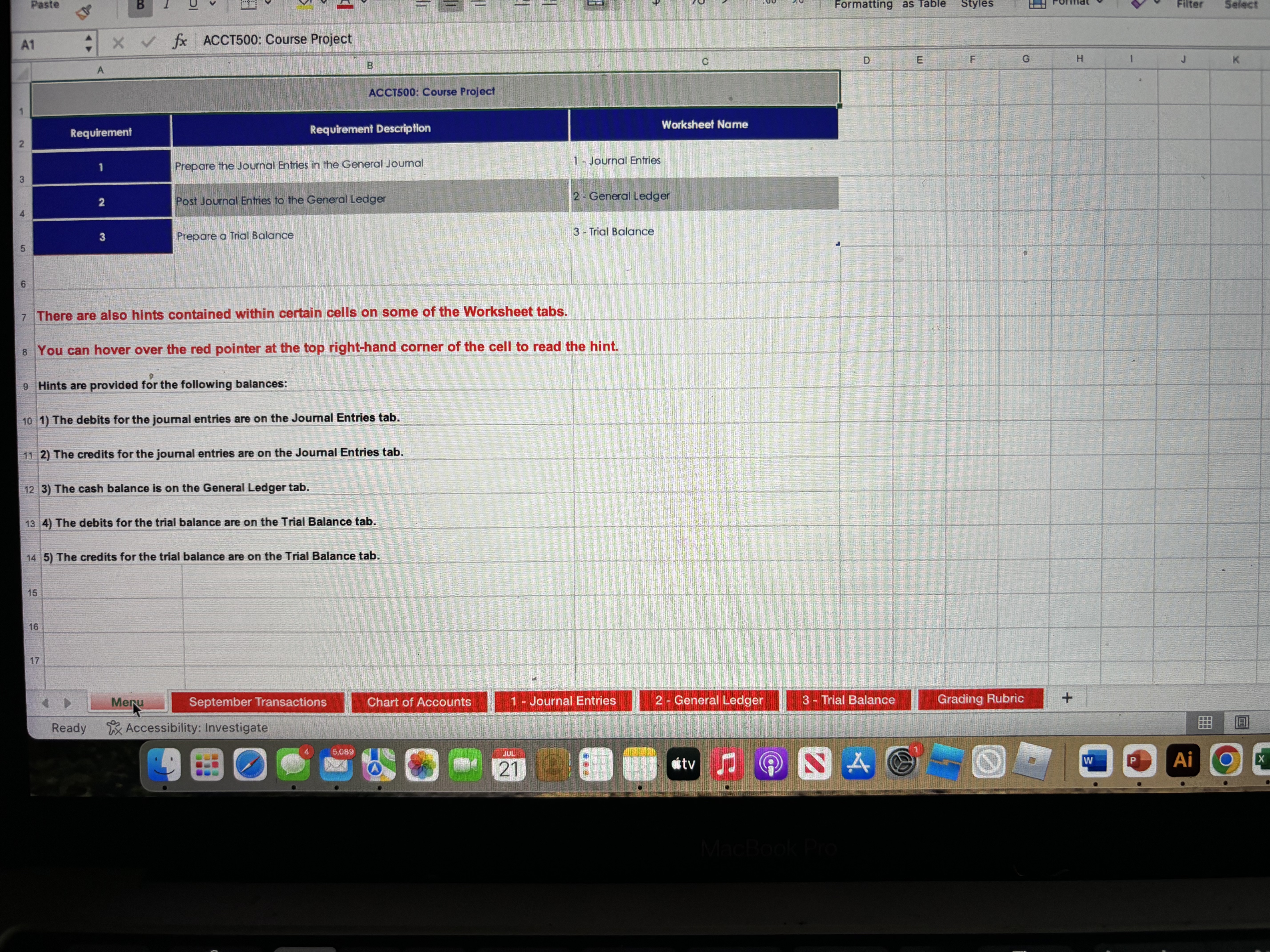 Formatting A1 X V fx | ACCT500: Course Project A
