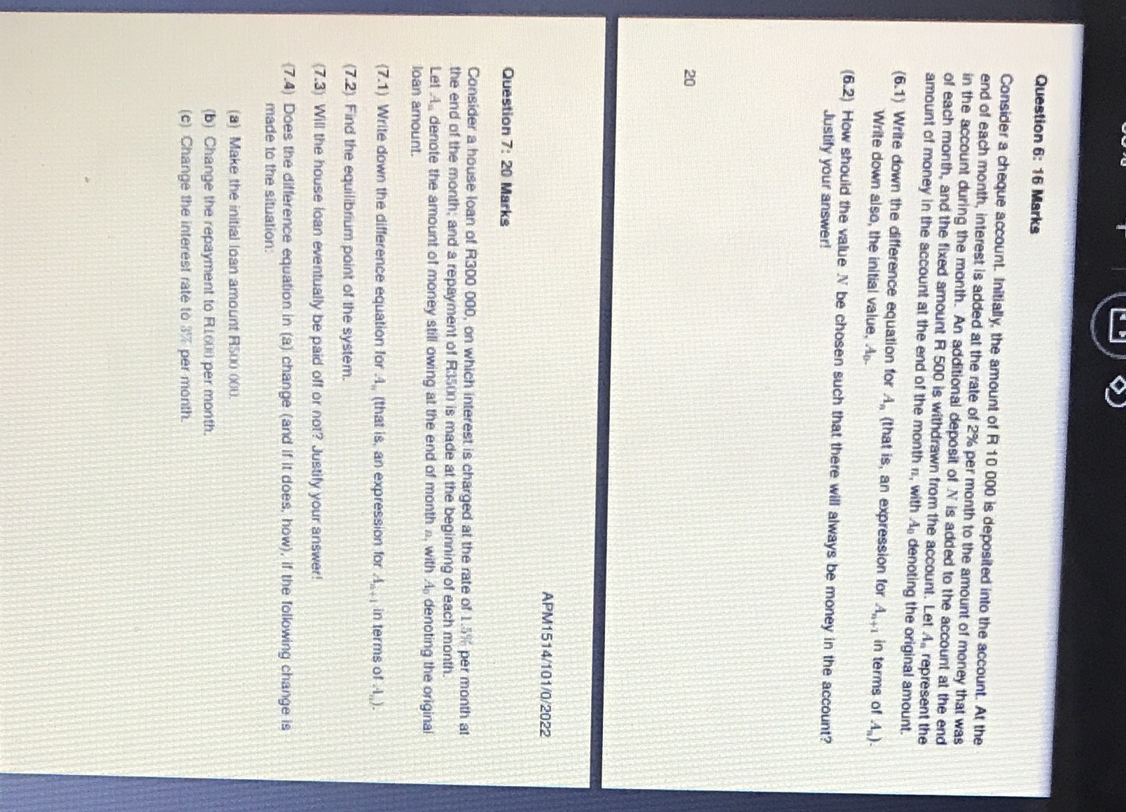 Question 6: 16 Marks Consider a cheque account.