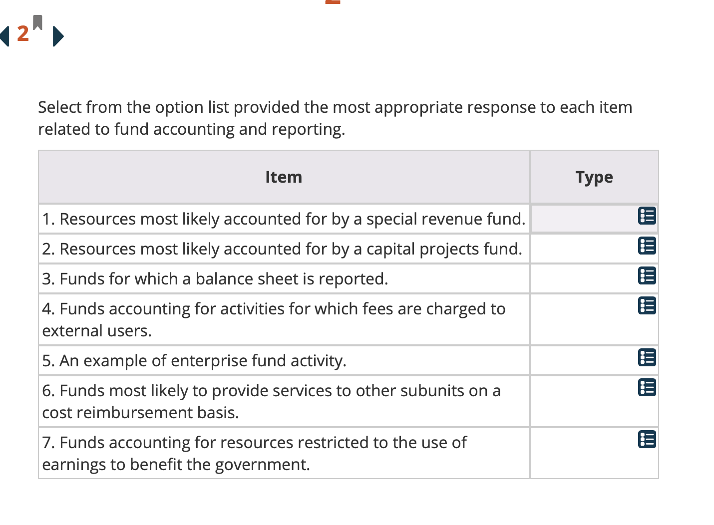 {2 '> Select from the option list provided