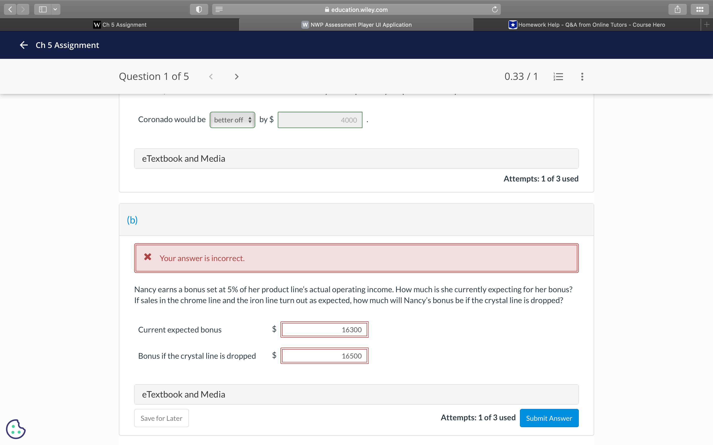 < > I Y education.wiley.com C W Ch 5 Assignment W