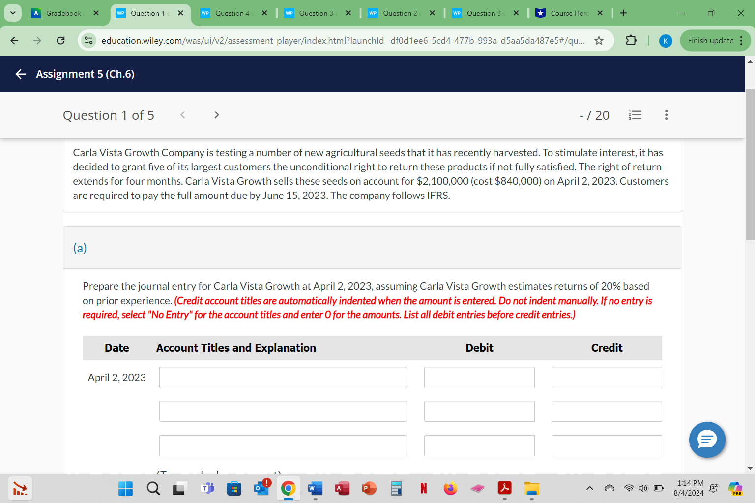A Gradebook / X WP Question 1 c > WP Question 4 (