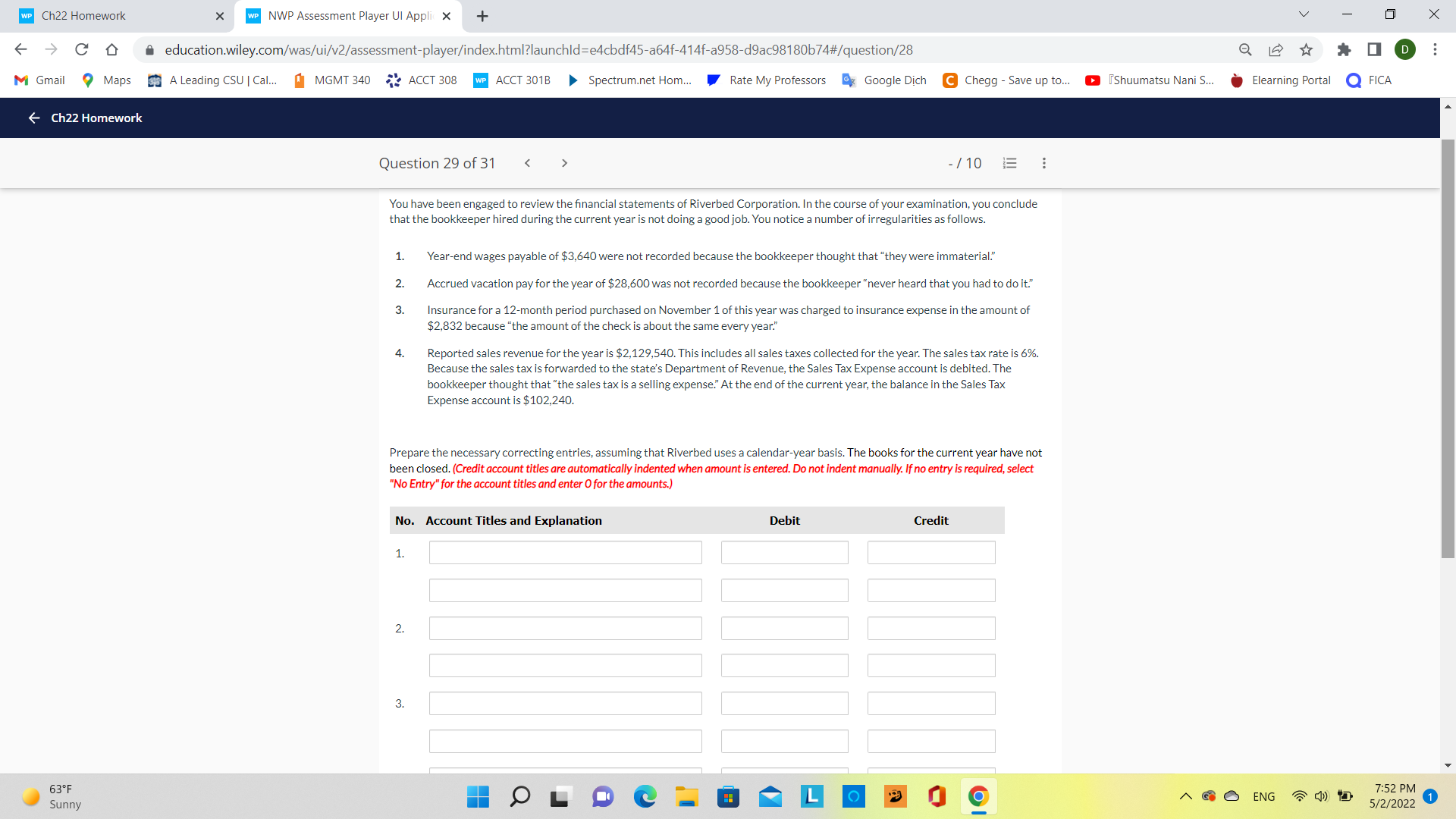 WP Ch22 Homework X WP NWP Assessment Player UI