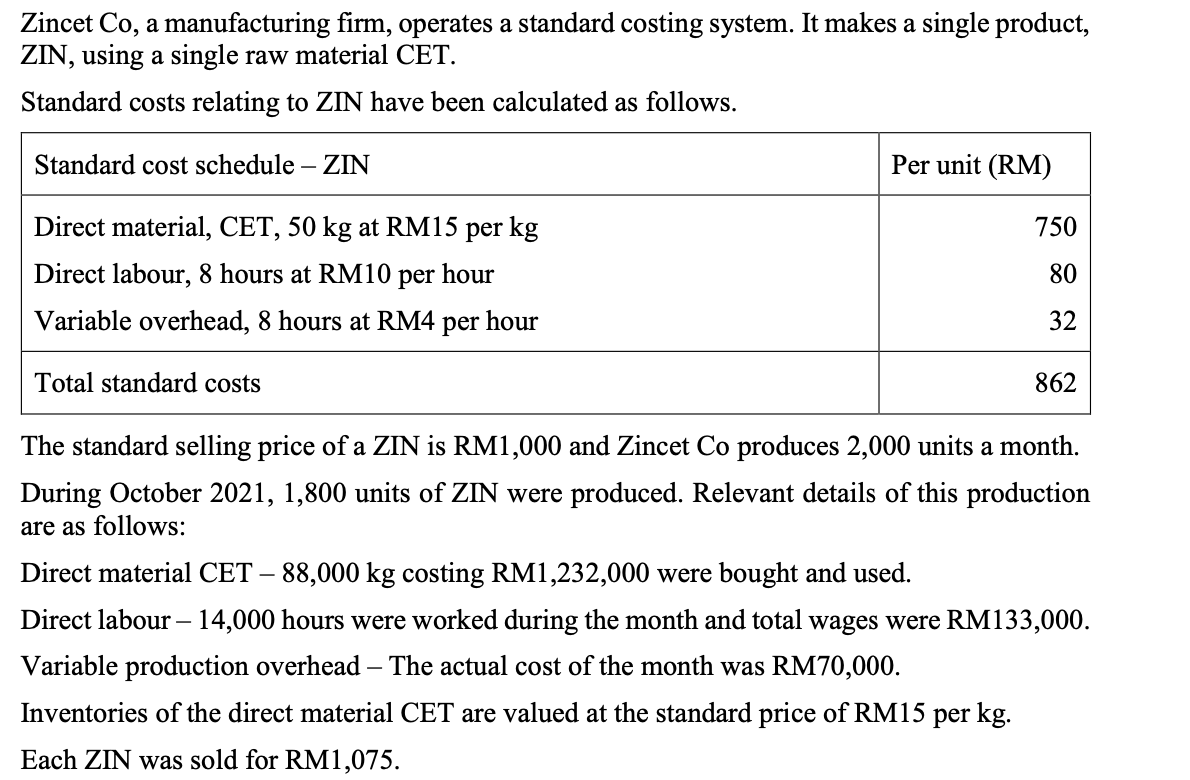 Zincet Co, a manufacturing rm, operates a