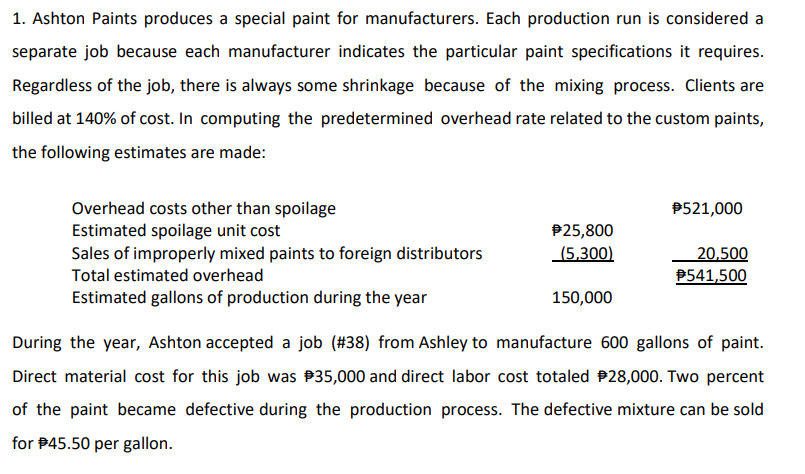 1. Ashton Paints produces a special paint for