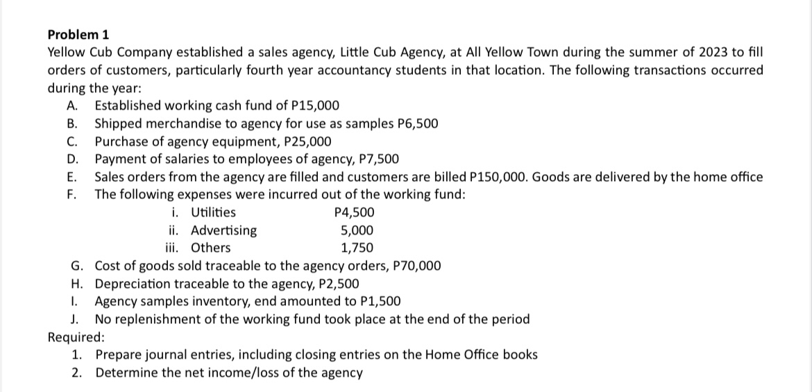 Problem 1 Yellow Cub Company established a sales