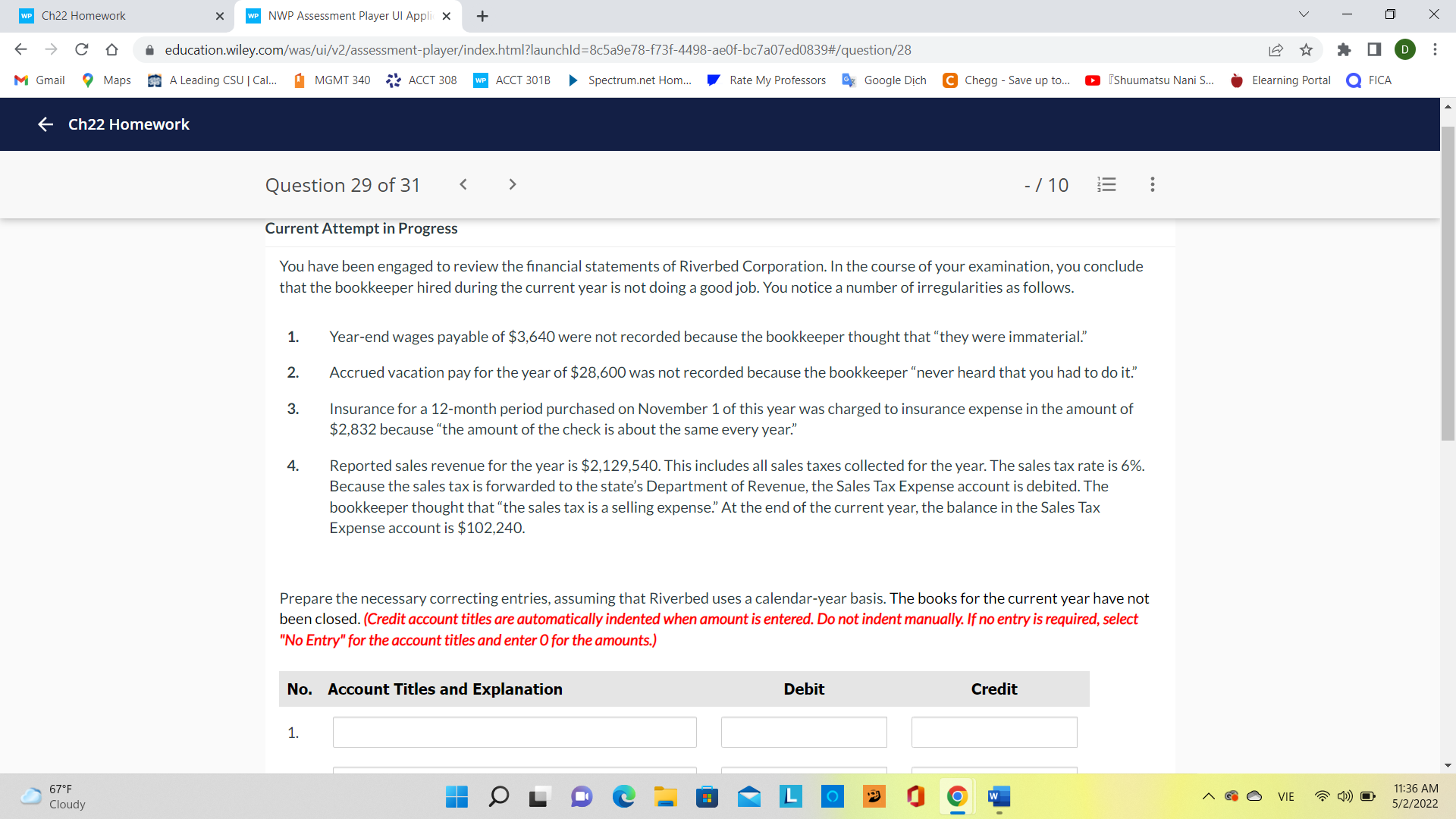 WP Ch22 Homework X WP NWP Assessment Player UI