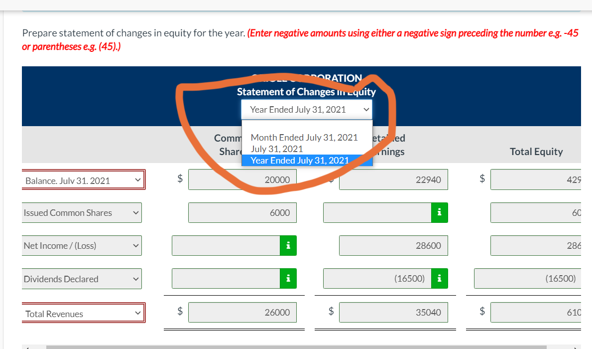 Prepare statement of changes in equity for the