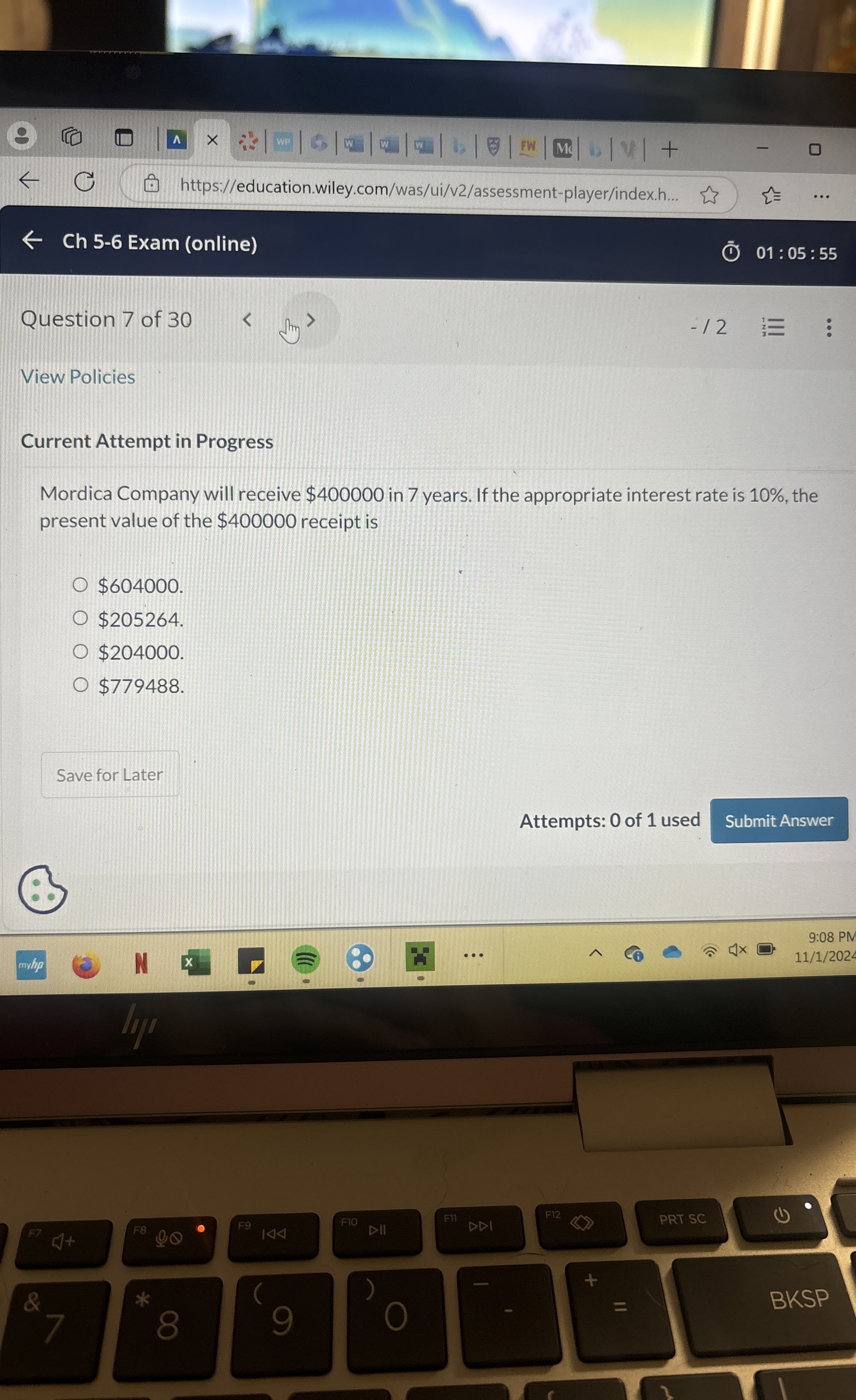 Ch 5 - 6 Exam ( online ) 0 1 : 0 5 : 5 5 Question