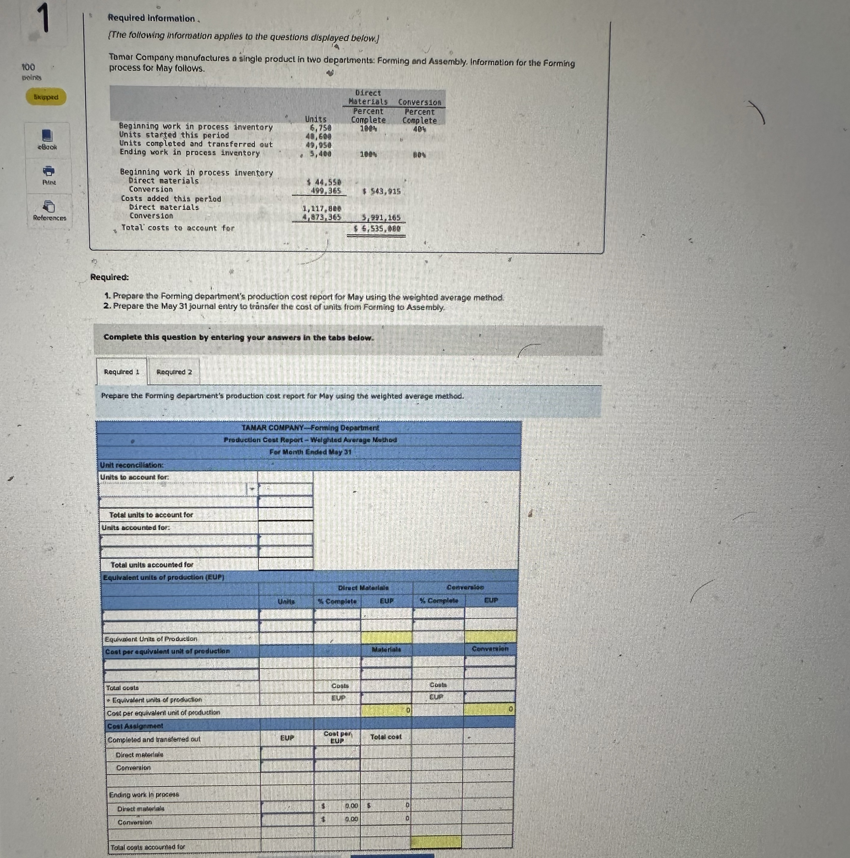 Prepare the Foaming department's production cost