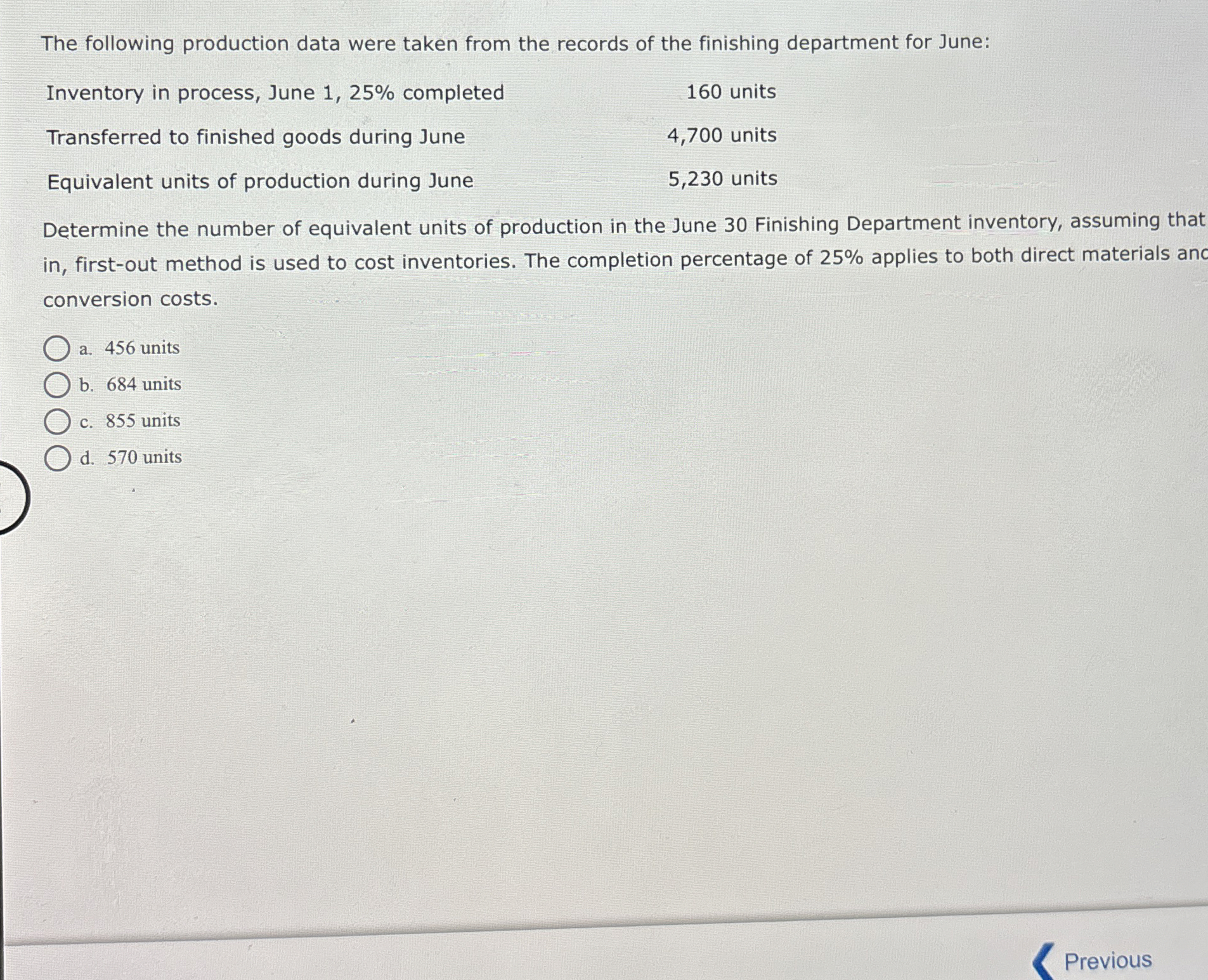 The following production data were taken from the