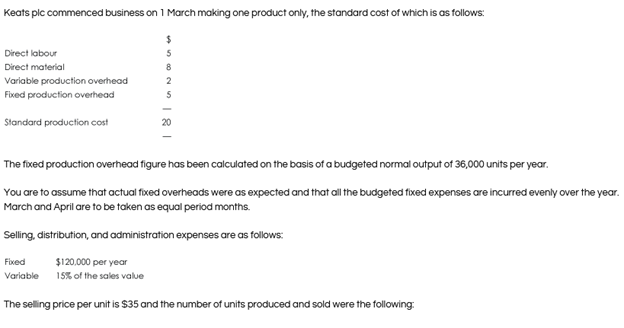 Exam question 1 E pic operates a marginal costing