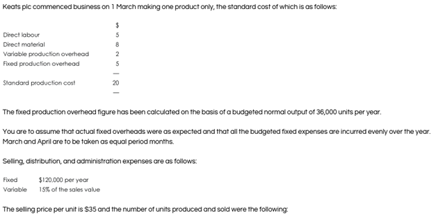 Exam question 1 E pic operates a marginal costing