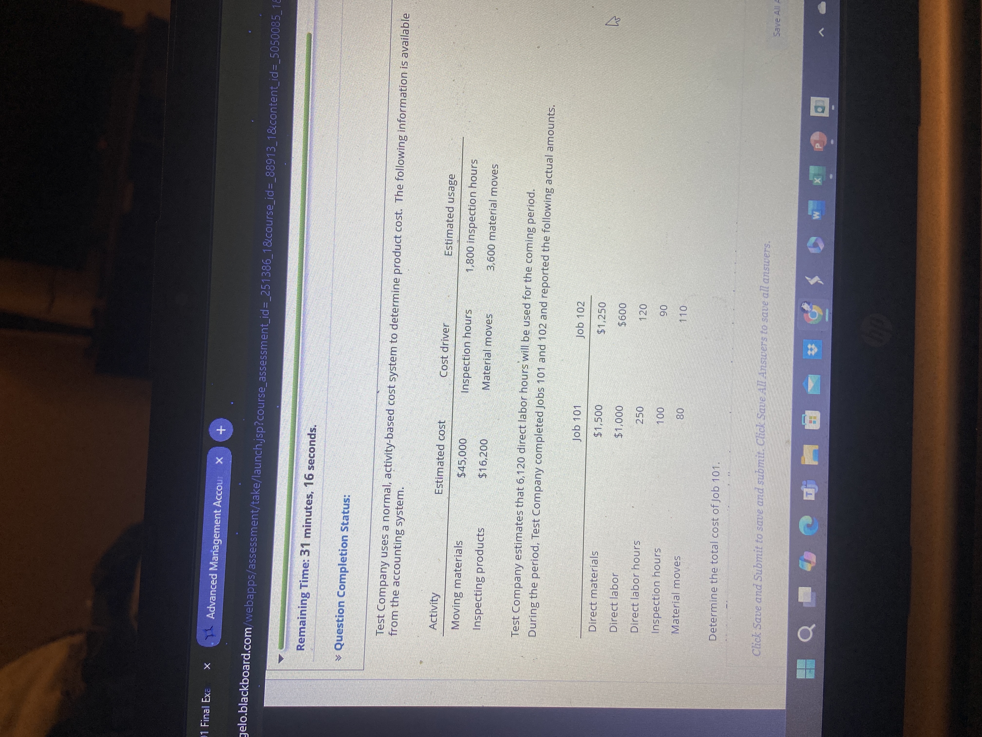 determine the total cost of job 101 1 Final Exe X