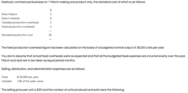 Exam question 1 E pic operates a marginal costing
