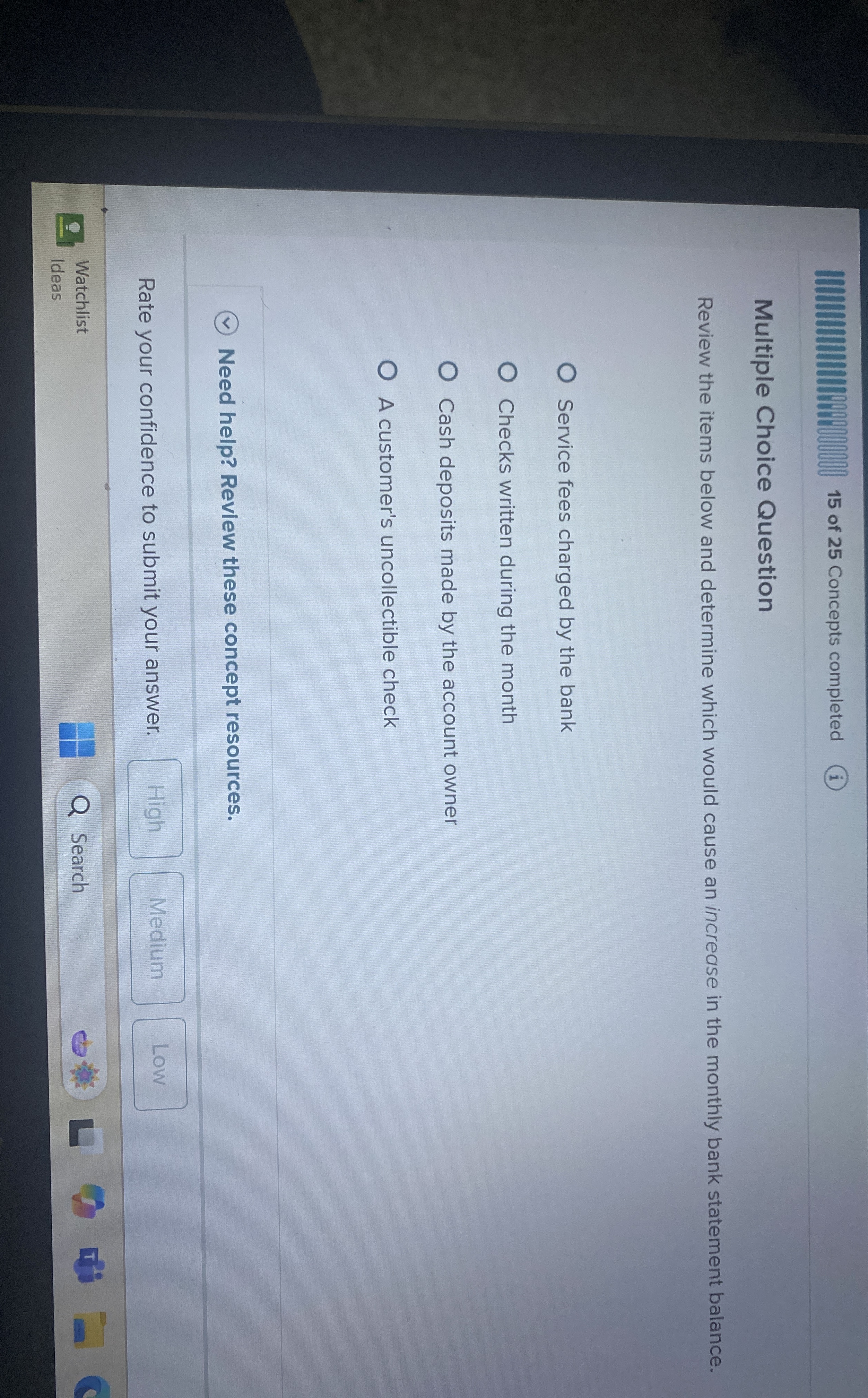 1 5 of 2 5 Concepts completed Multiple Choice
