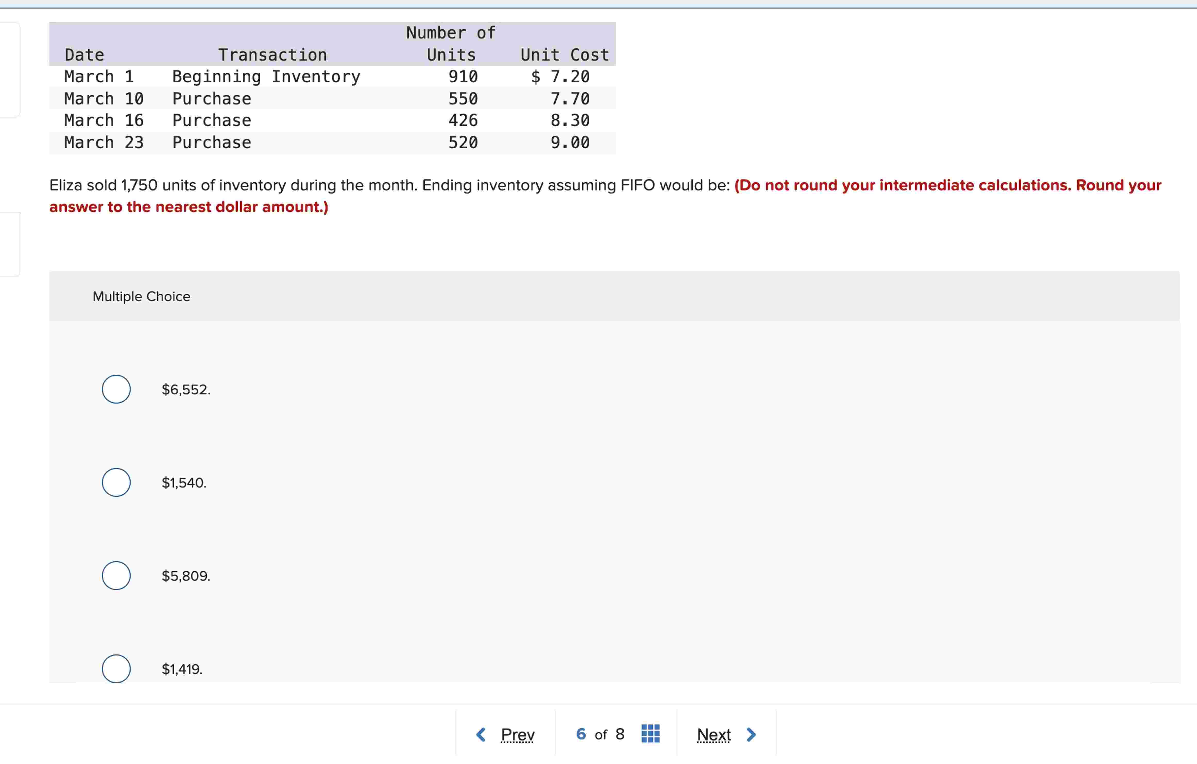 Eliza sold 1 , 7 5 0 units of inventory during