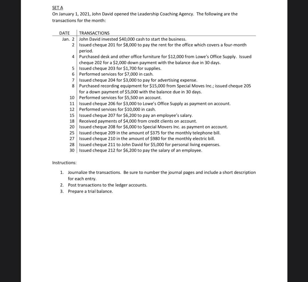 Book keeping SET A On .fanuary 1. 2021. .Iohn