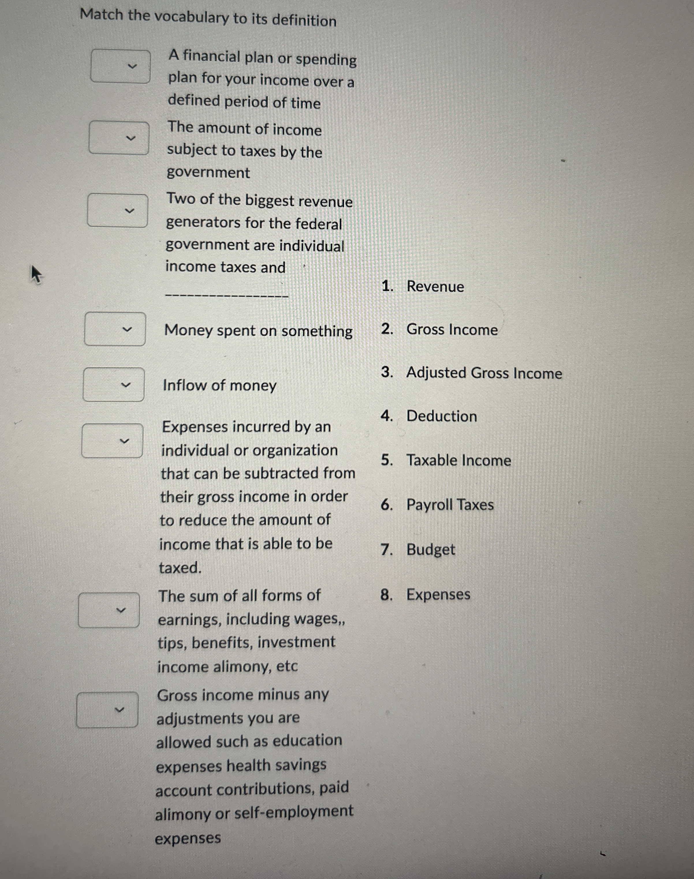 Match the vocabulary to its definition A
