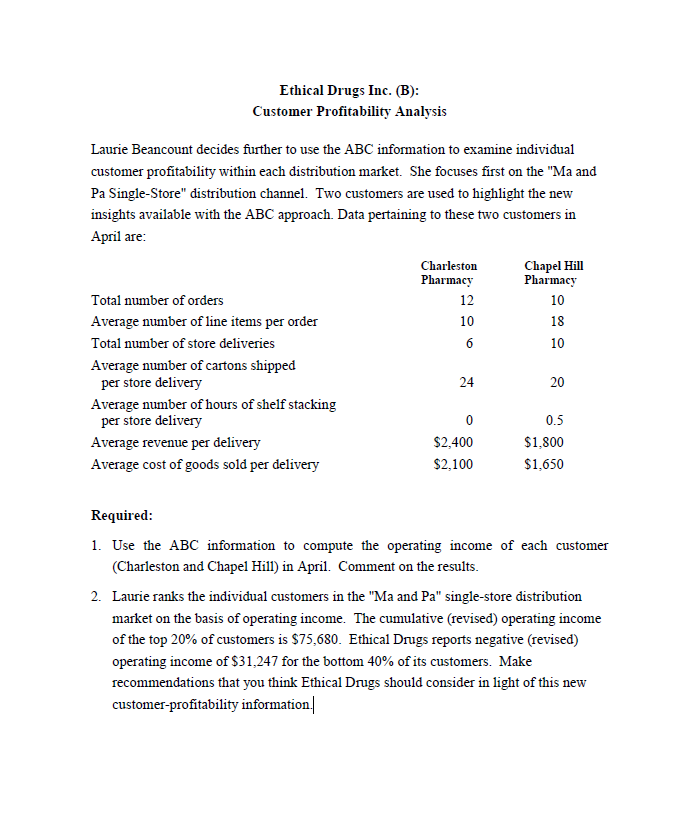 Ethical Drugs Inc. ( B ) : Customer Profitability
